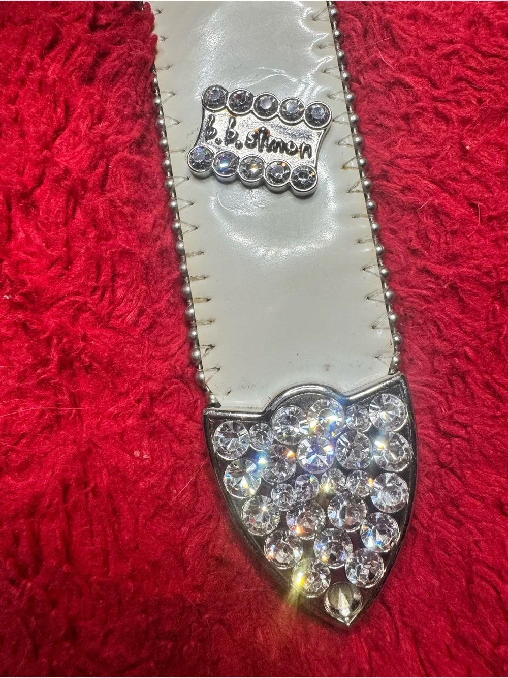 B.B. Simon White Crystal-Embellished Leather Belt